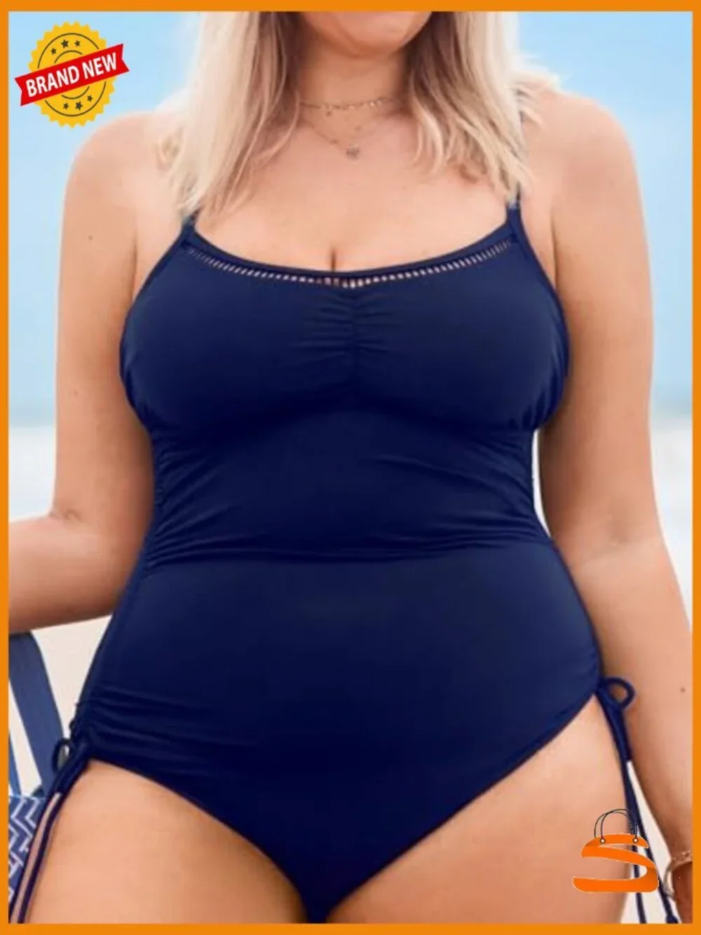 Plus Size One Piece Swimsuit Scoop Neck Cutouts Side Drawstring Adjustable